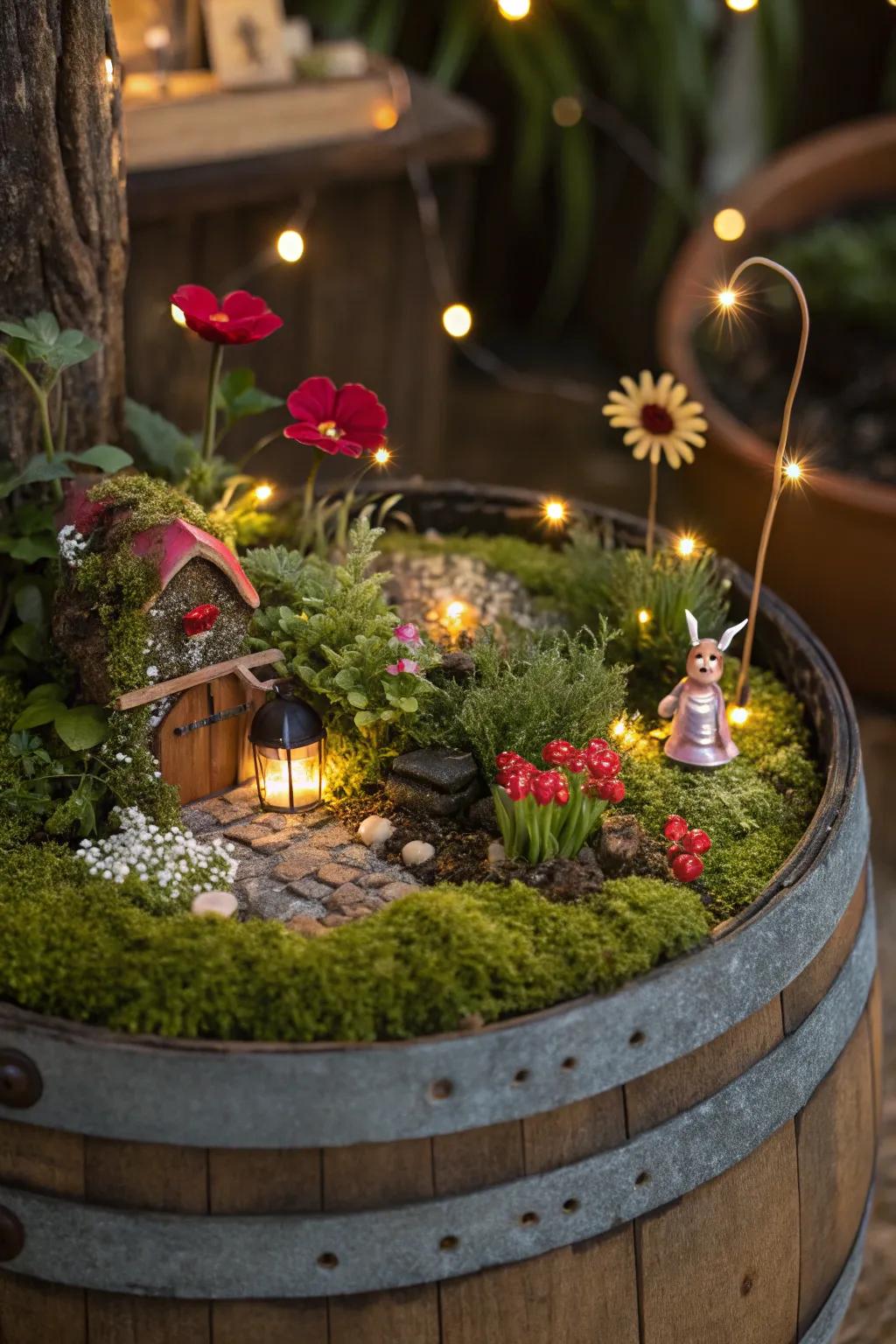 An enchanting miniature garden illuminated with miniature illuminating diode lights.