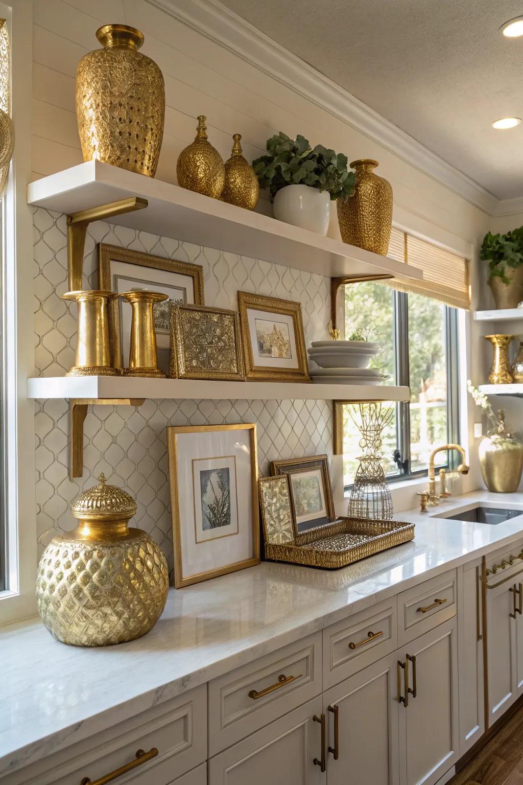 Gold decorative elements personalize and elevate the kitchen space.