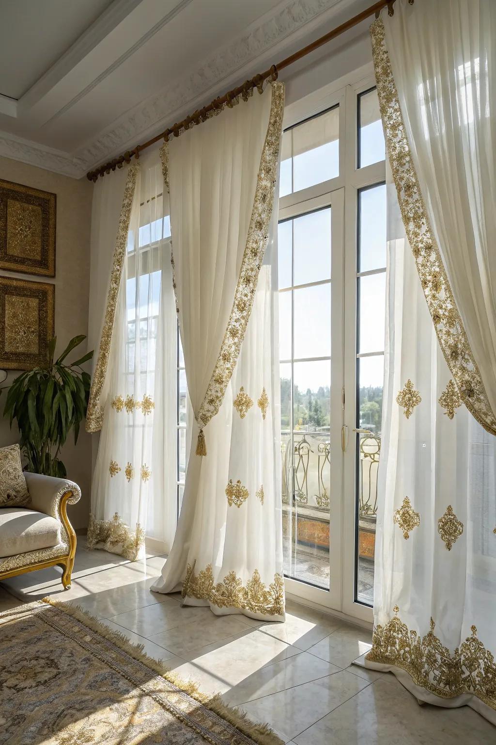 Gold-embroidered white curtains frame windows with elegance.
