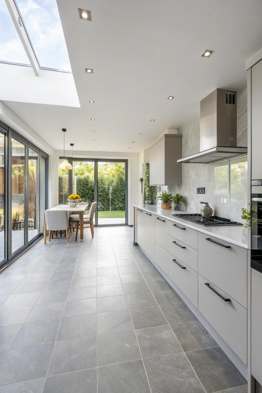 Pale slate tiles produce a seamless look.