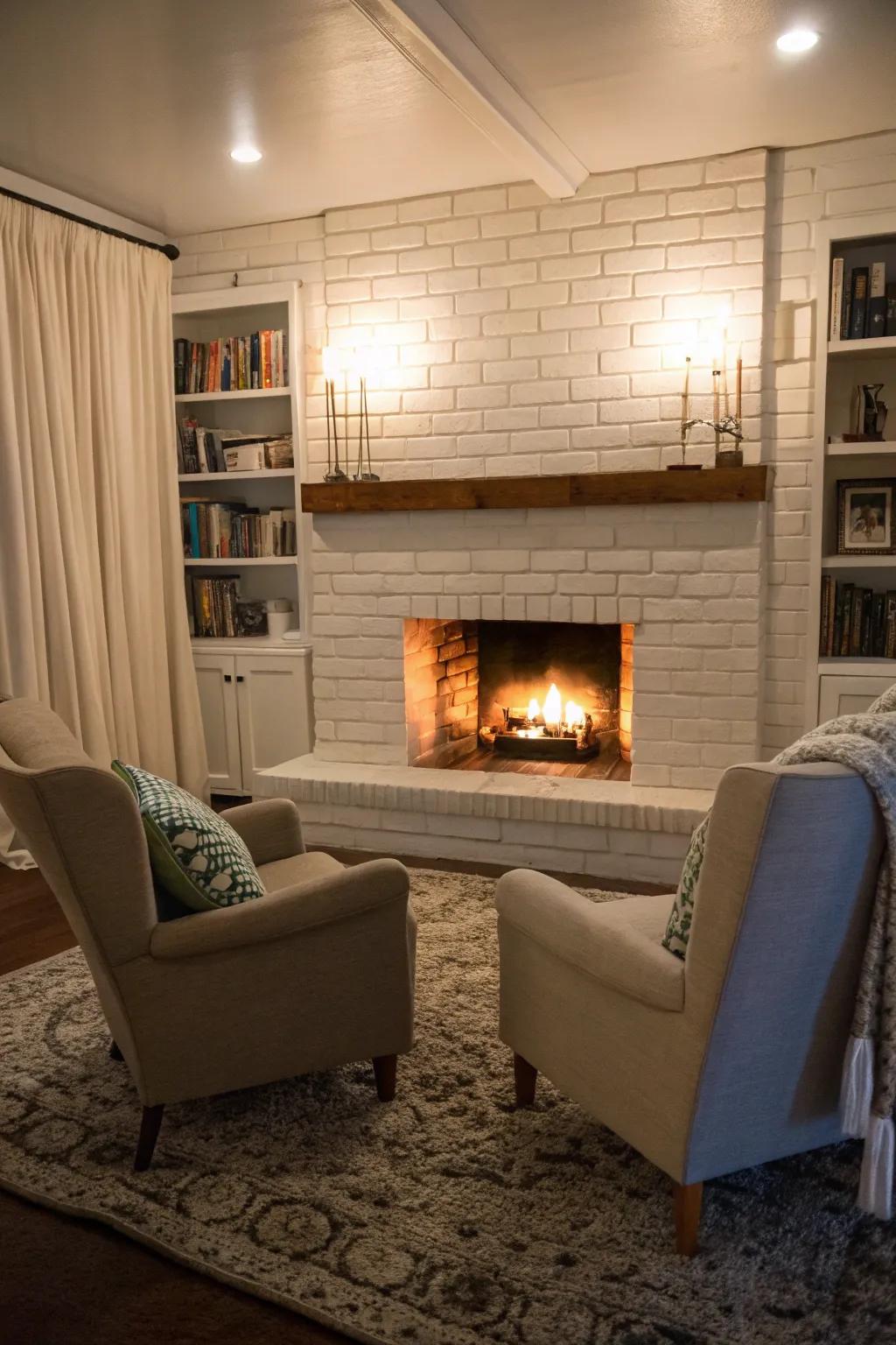 Cozy seating invites warmth and conviviality by the fireplace.