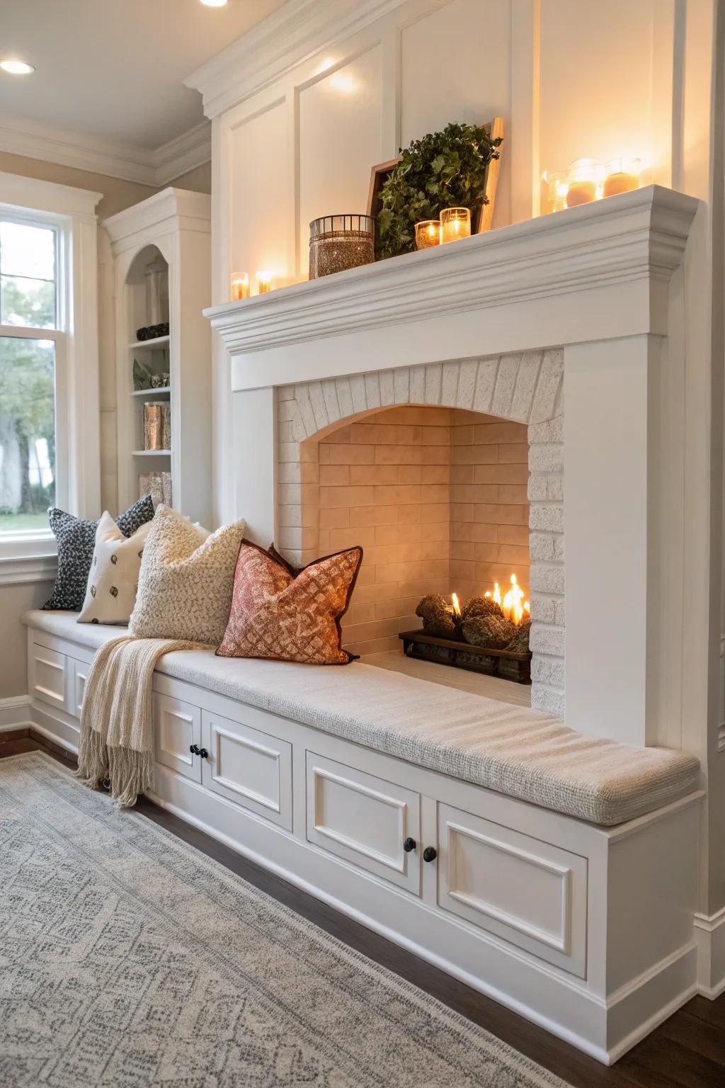 A white firebox with an integrated bench provides a flawless area for relaxation.