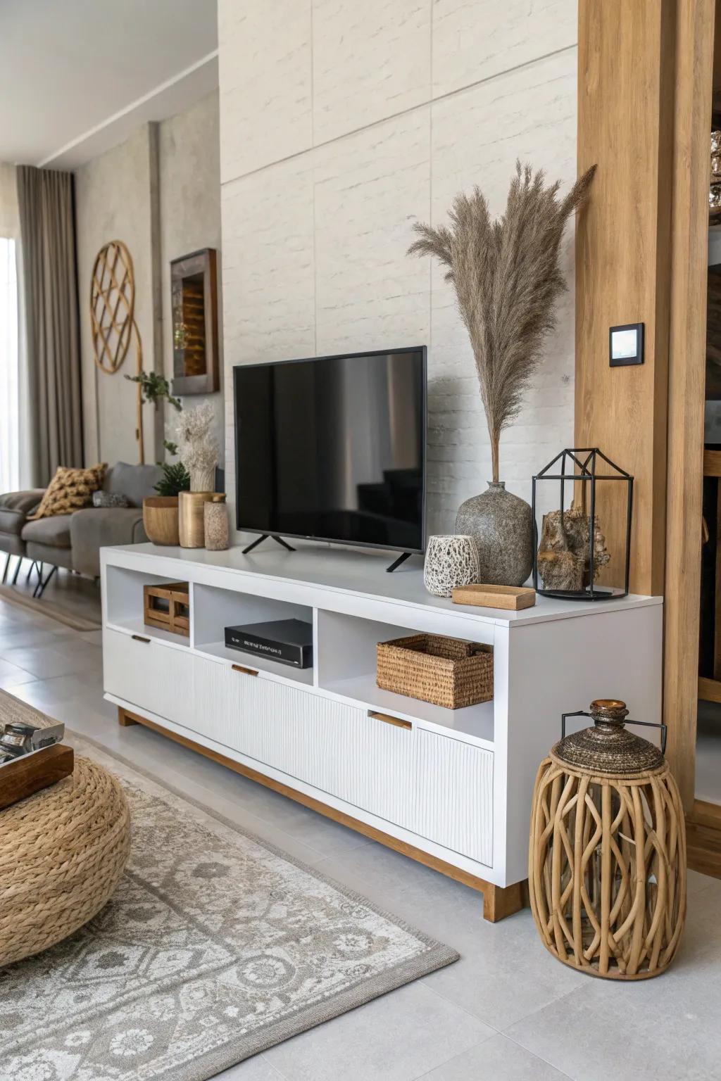 Add dimension through layered surfaces on your TV stand.