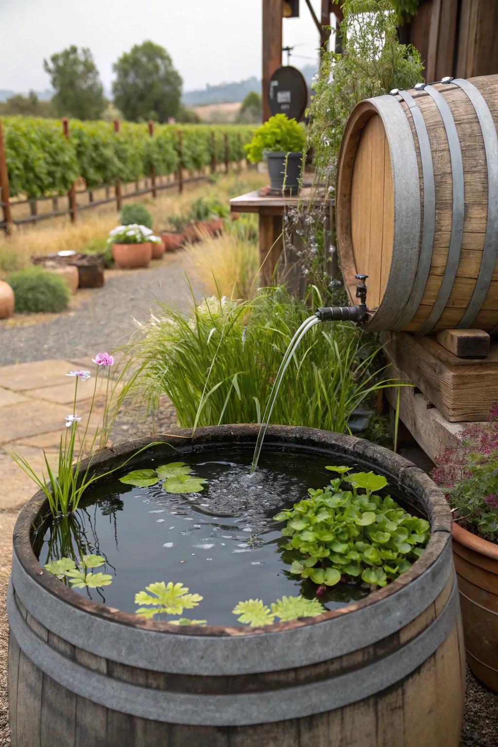 A tranquil water garden in a wine barrel.