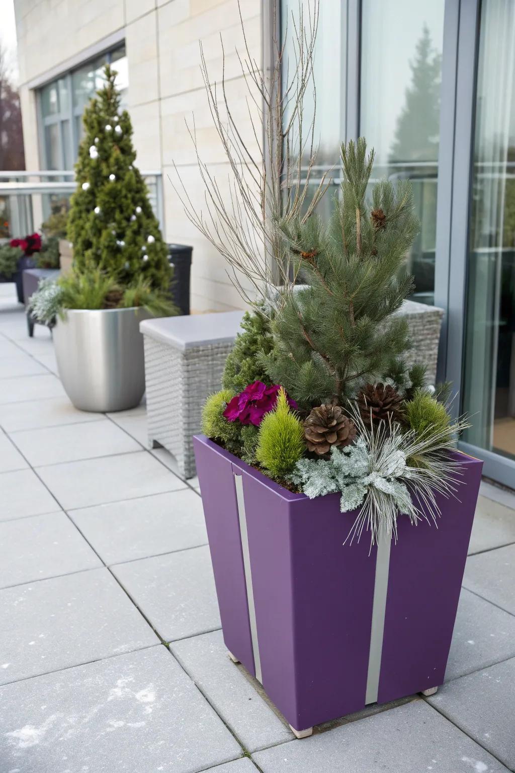 Unconventional colors like purple and silver provide a modern take on winter planters.