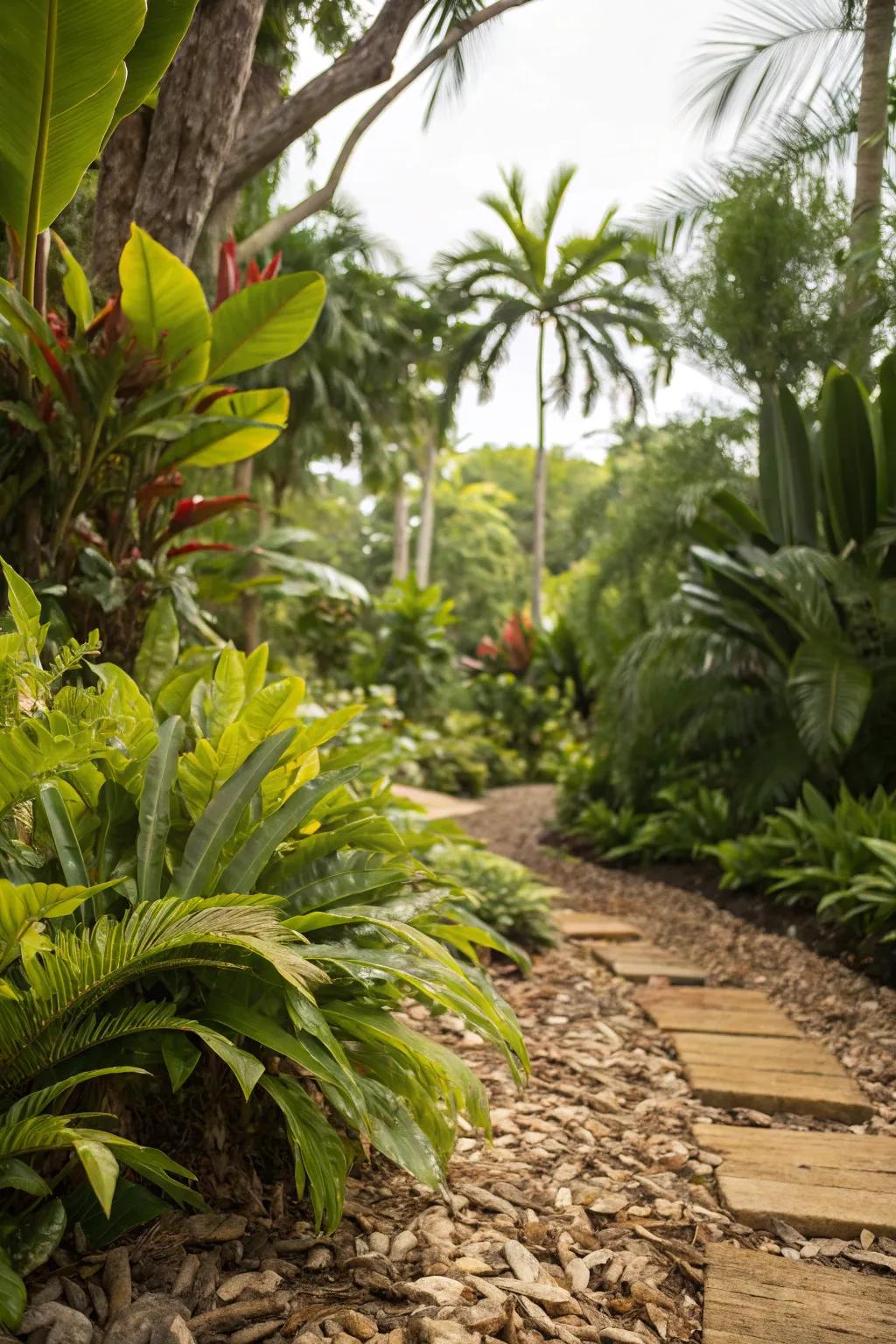 Wood chips complement the lush greenery of a tropical garden.