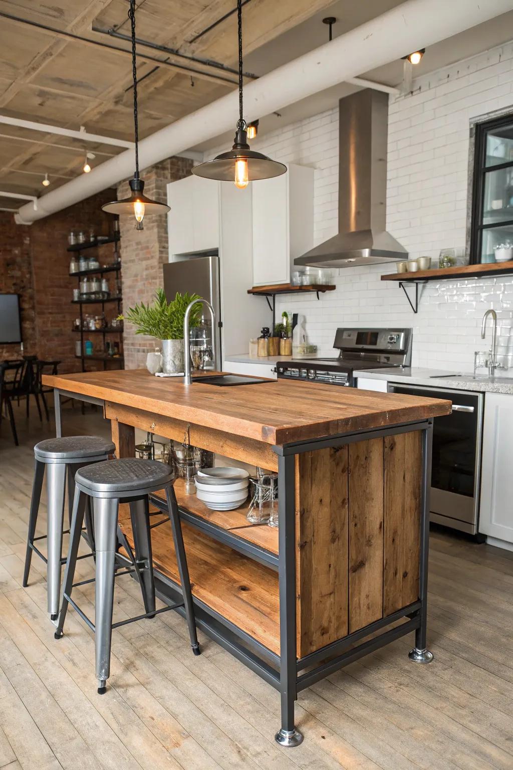 A wood and metal island that offers a chic industrial edge.