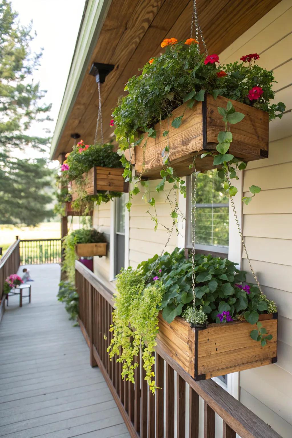Floating charm with hanging wooden planters filled with lush greens.