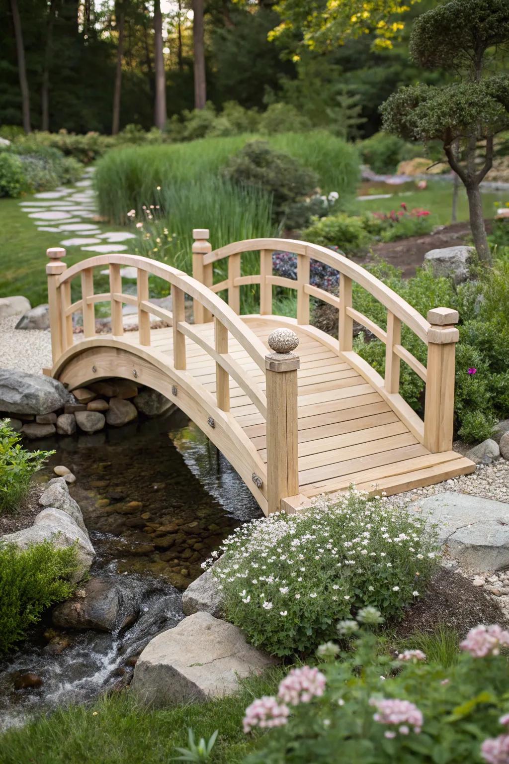 Transform your garden path into a whimsical retreat with a handcrafted miniature wooden bridge.