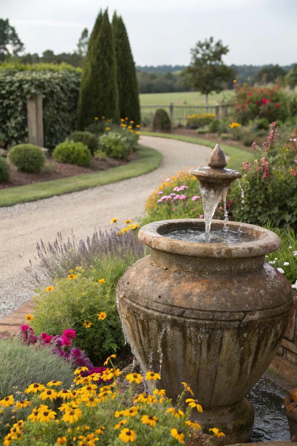 A rustic urn fountain creating a welcoming ambiance in the garden.