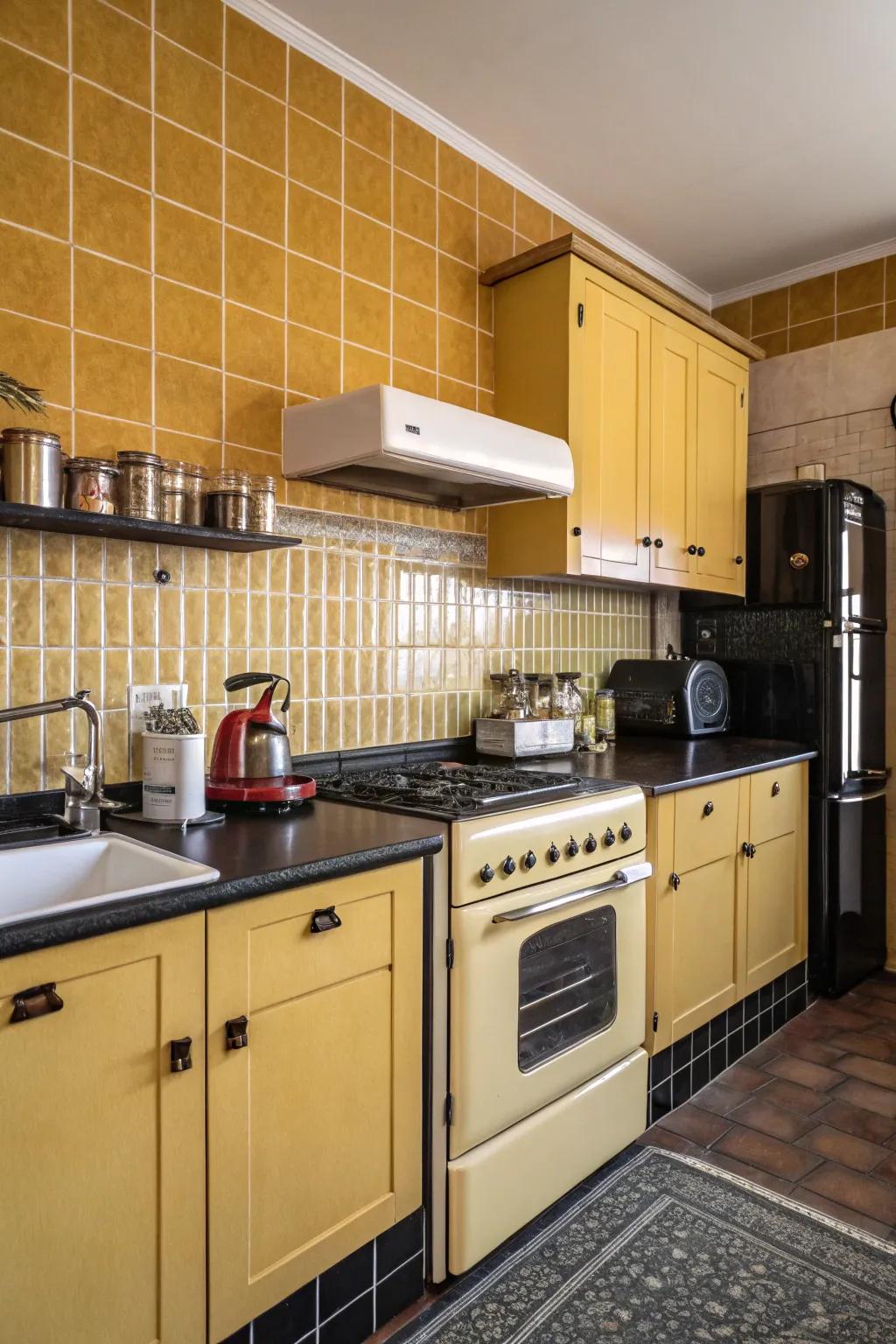Mustard yellow tiles add vintage charm to this elegant kitchen.