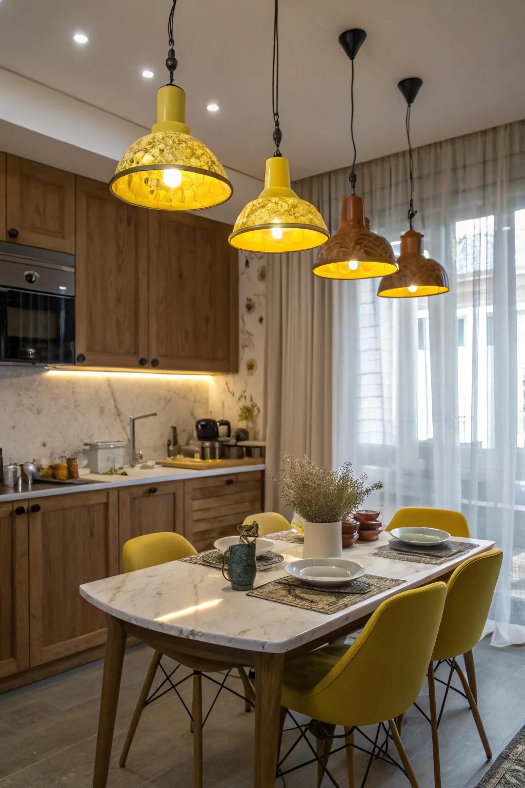 Yellow pendant lights warm up the kitchen and give a sense of style.
