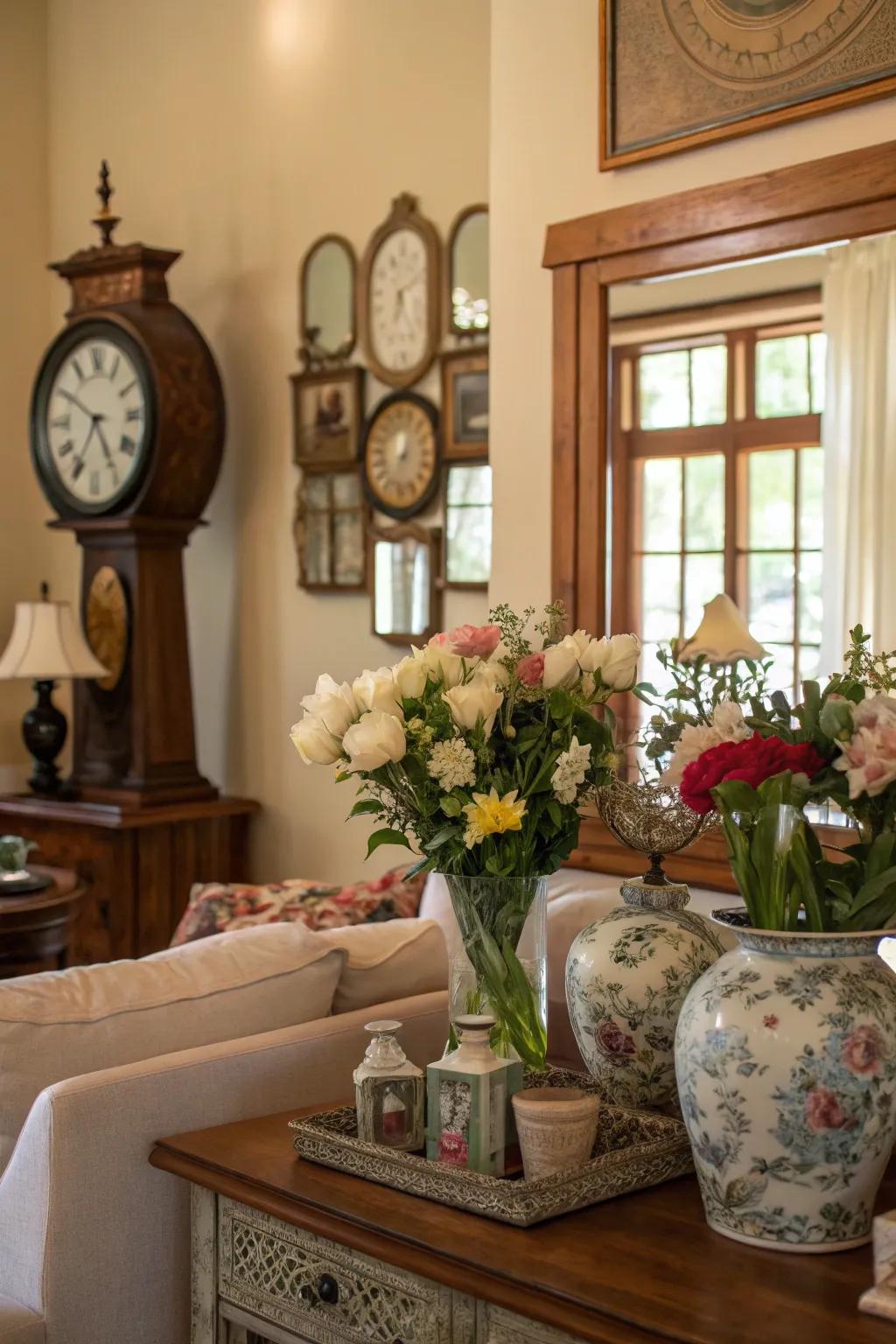 Vintage accessories add historical charm and character to modern living rooms.