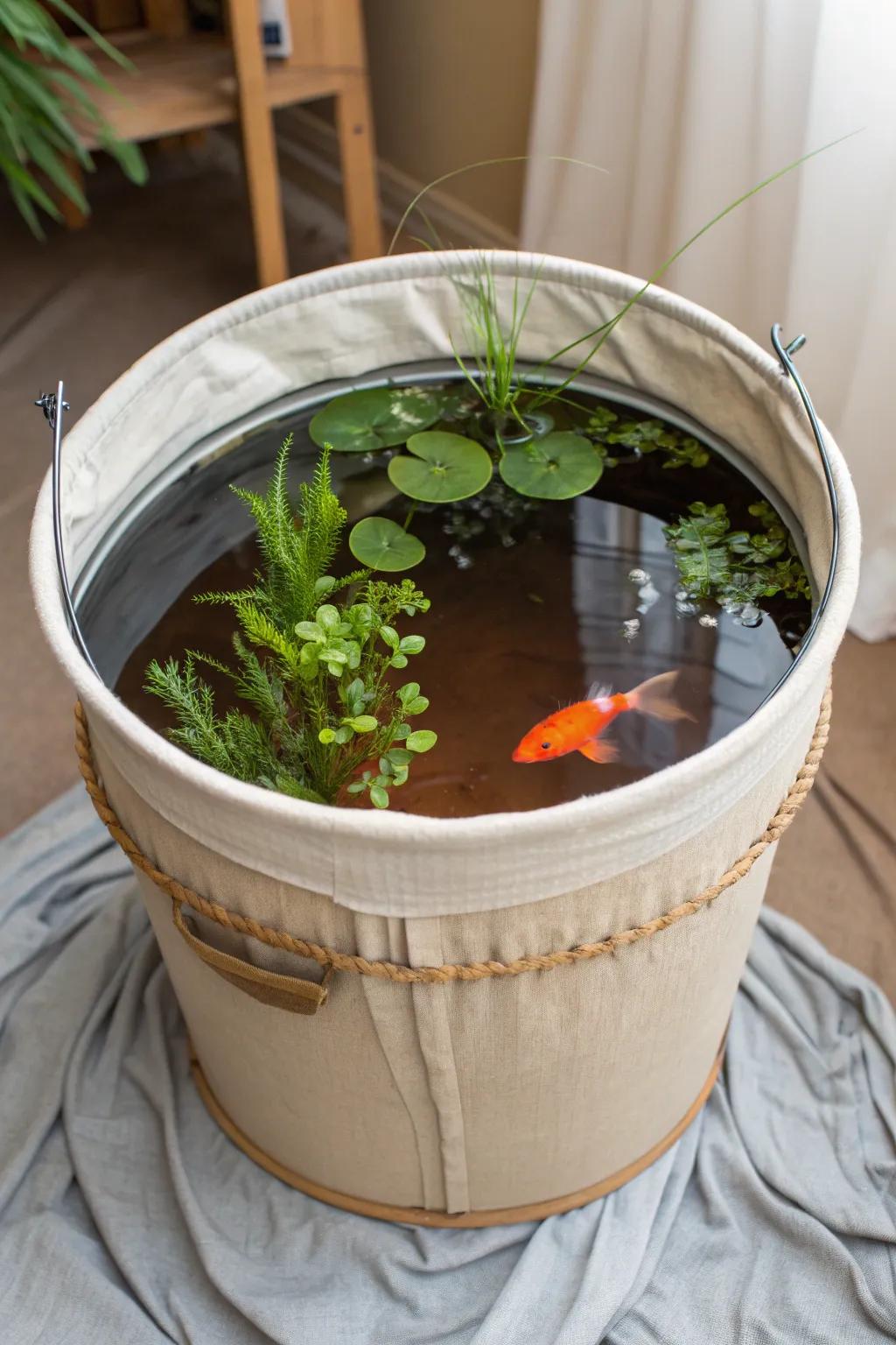 Transform a simple 5-gallon bucket into a tranquil pond paradise with a touch of Scandinavian elegance.