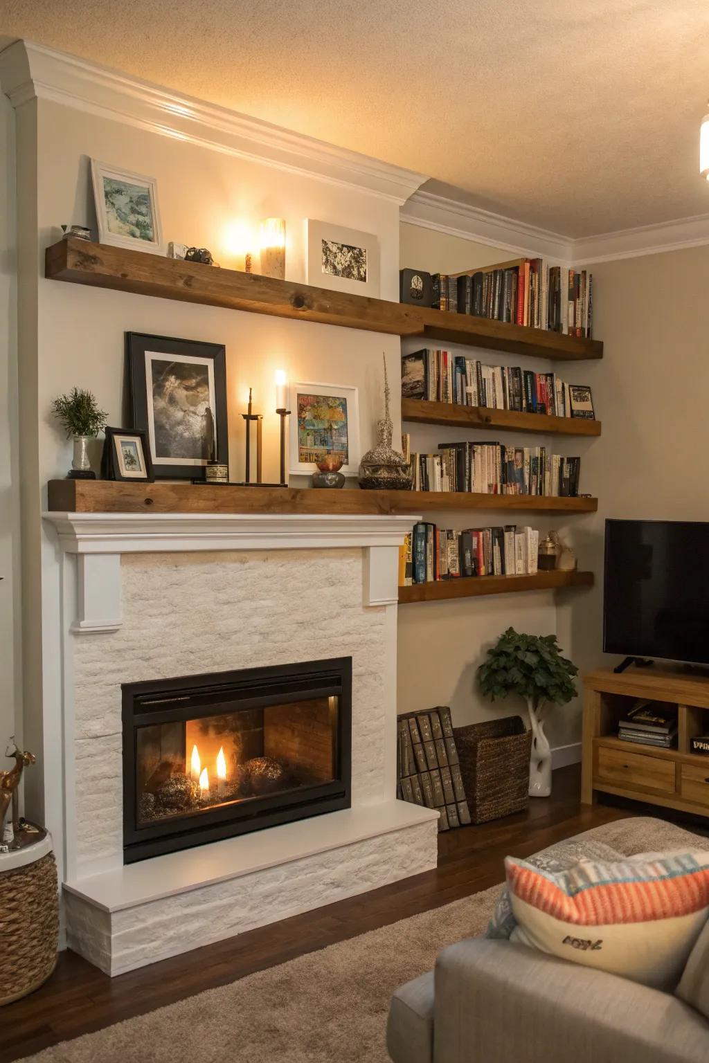 Floating shelves offer a versatile display for your favorite things above the fireplace.