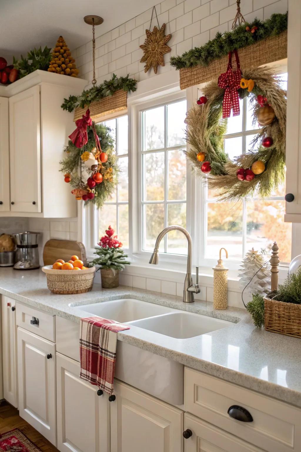Seasonal touches add warmth and festivity to the kitchen.