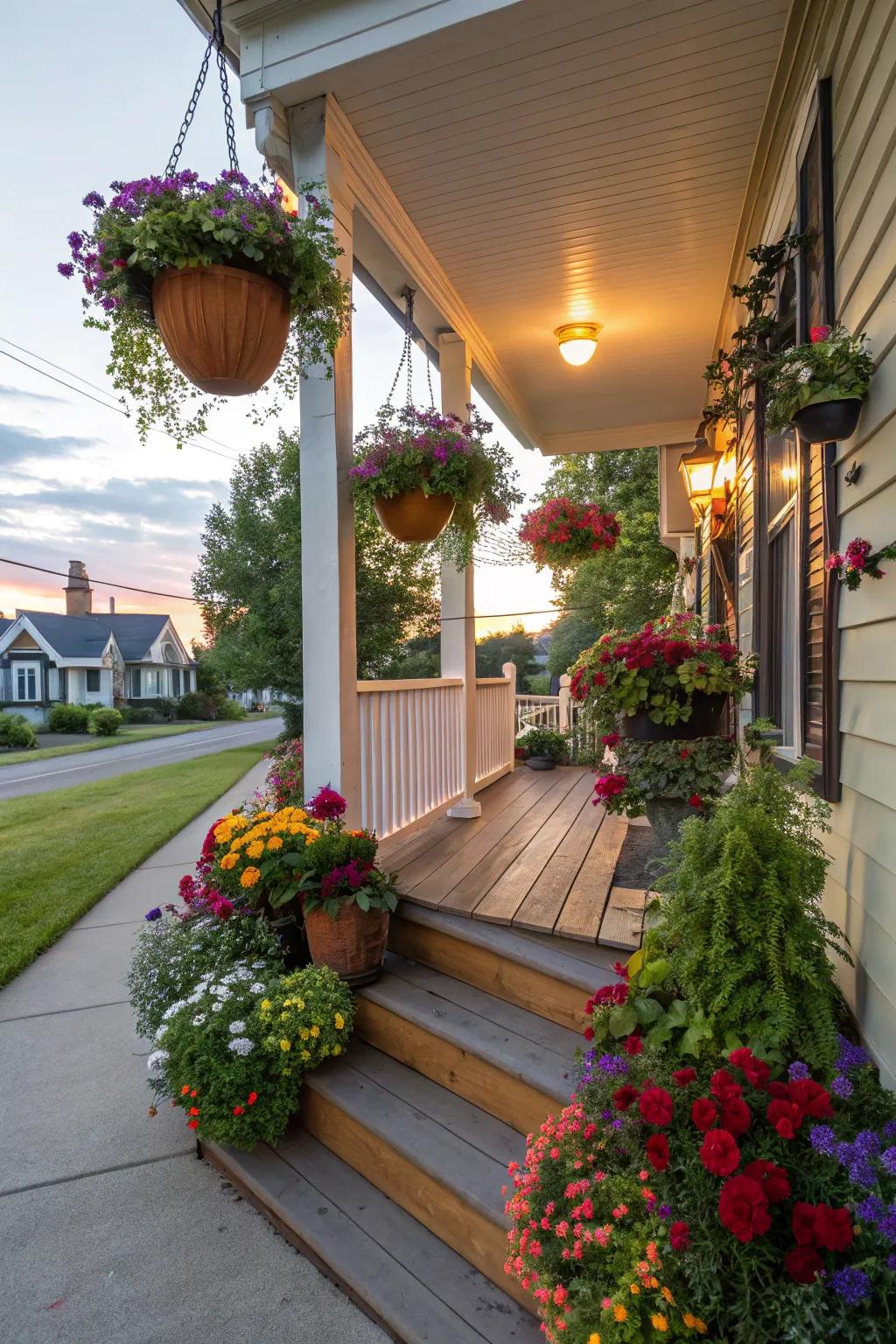 A lush porch with vertical gardens and hanging flowers.