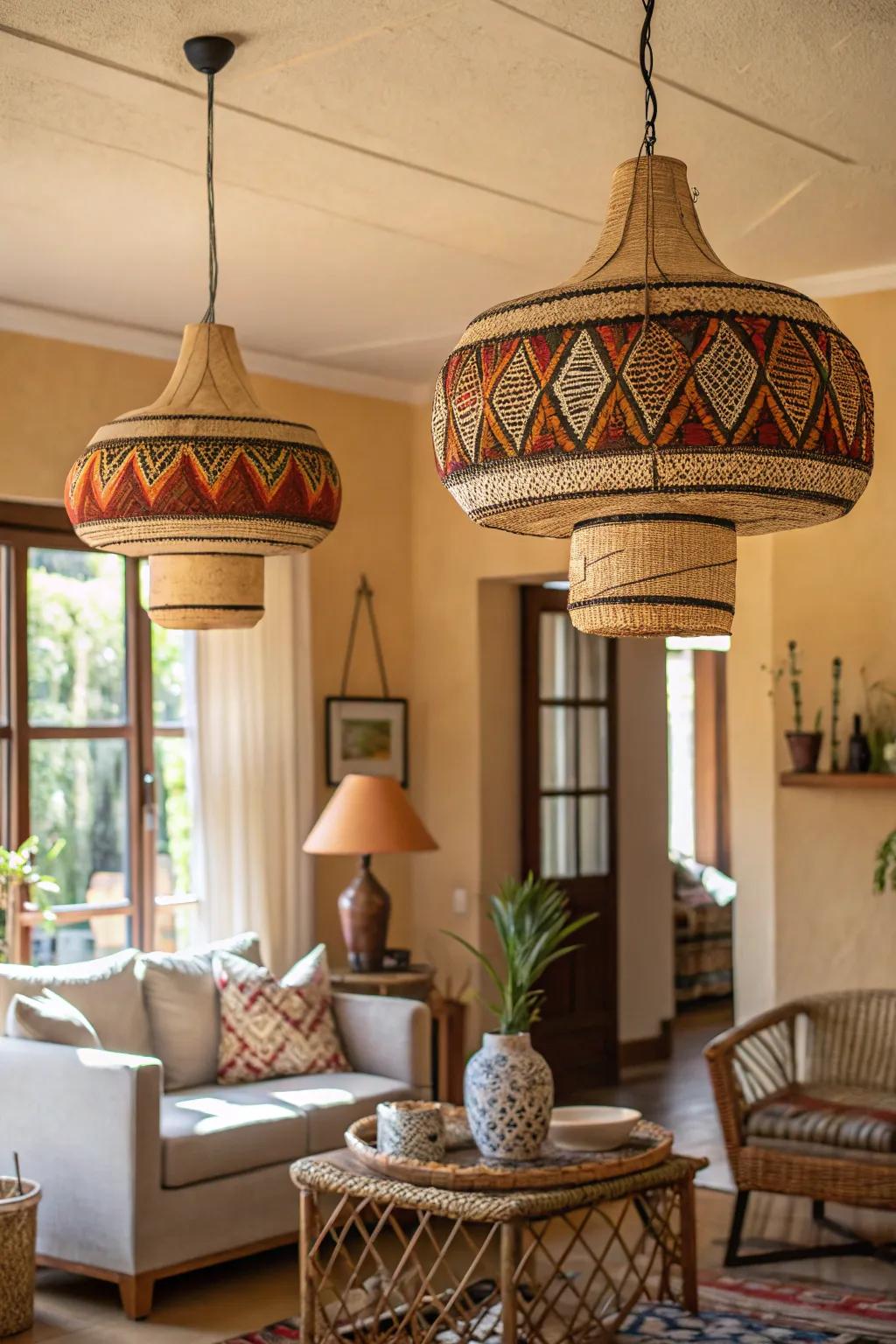 African-inspired lighting fixtures add warmth and artistic flair to the space.