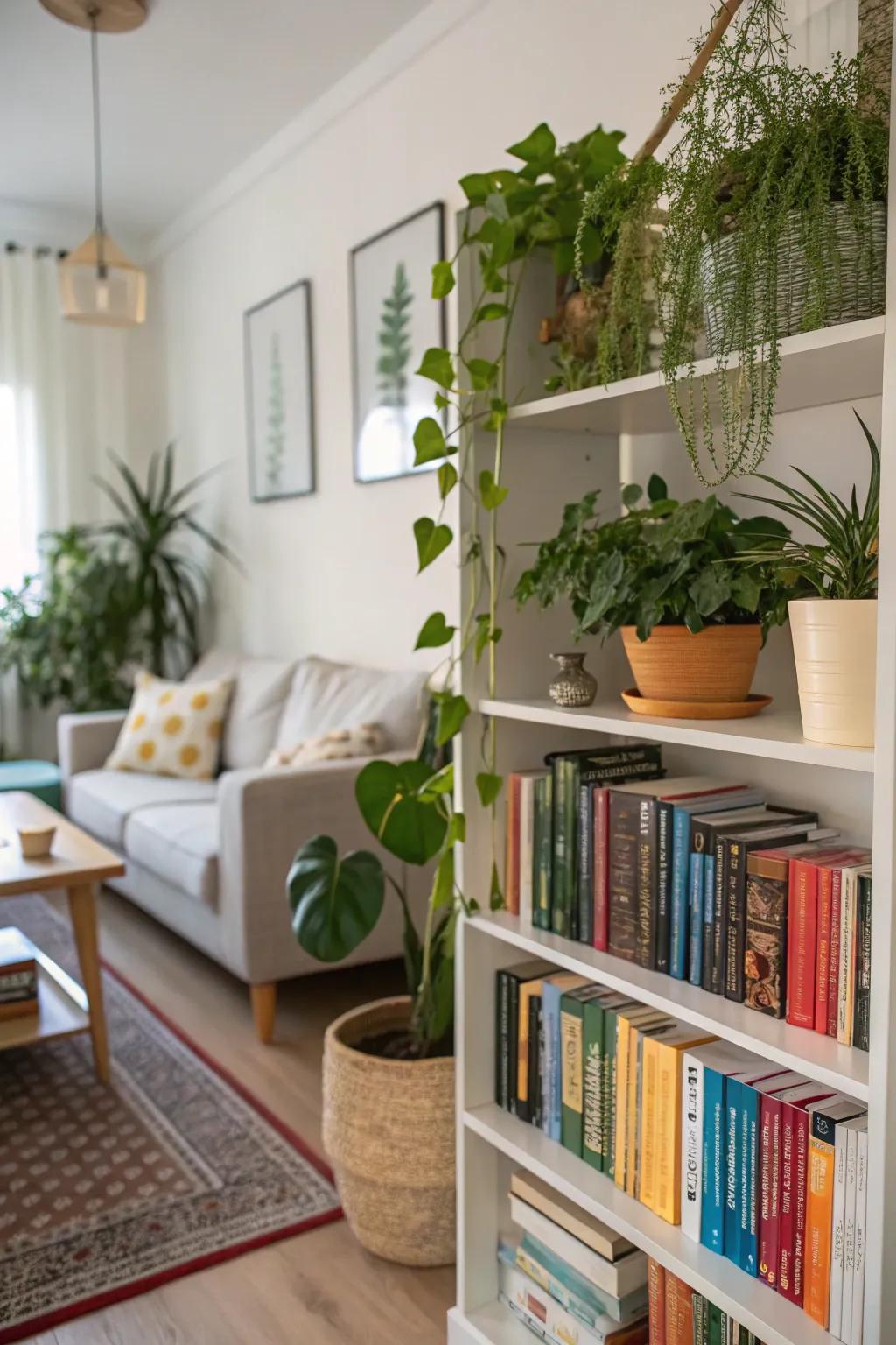 A lively display with plants interspersed among books on a living room bookshelf.