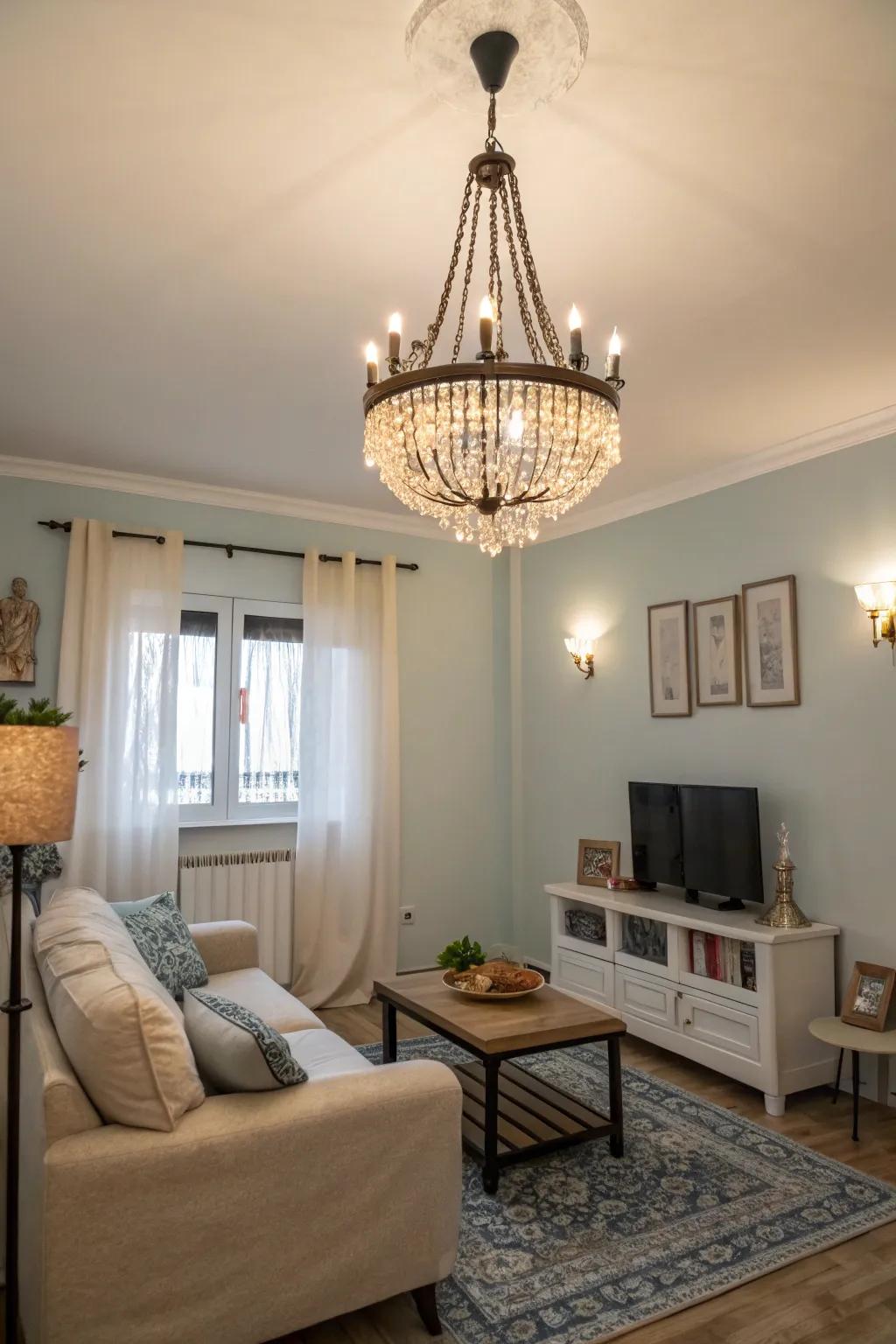 Statement lighting elevates the mood of a small living area.