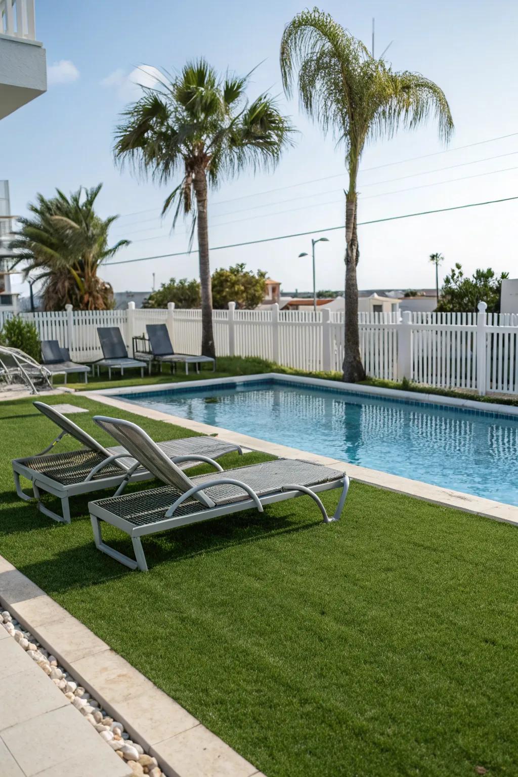 A pristine poolside area with vibrant artificial grass.
