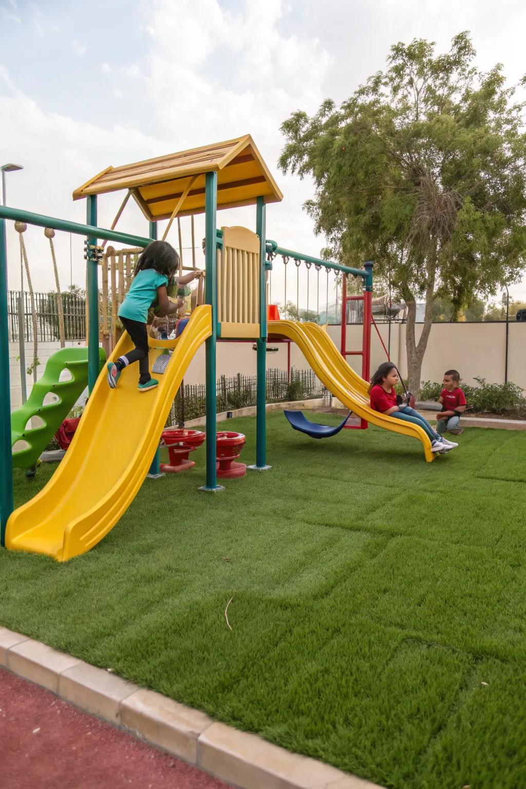 Design a safe and fun play zone for kids with durable synthetic turf.