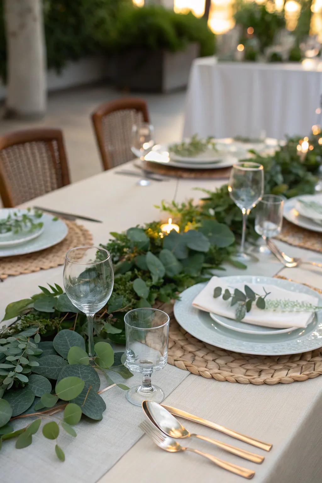 A leafy table runner creates a stunning, natural centerpiece.