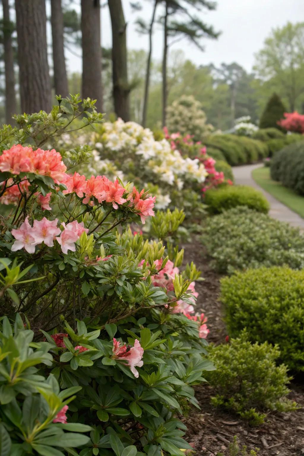 A dynamic garden with a mix of evergreen and deciduous azaleas.