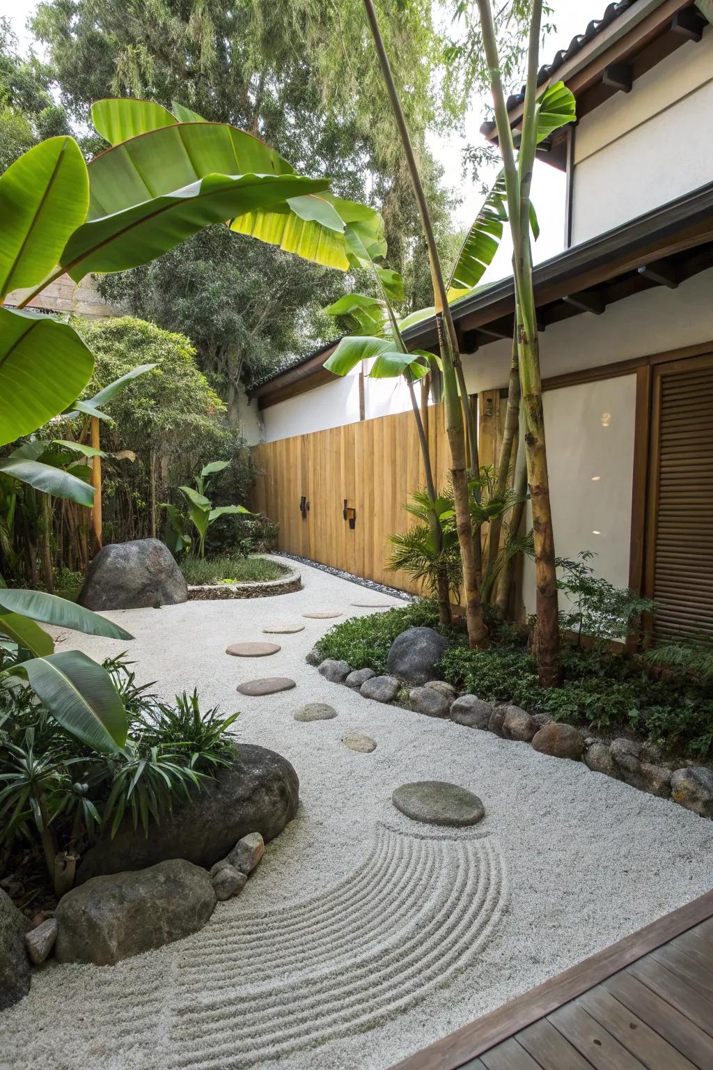 Design a tranquil Zen garden with the tropical charm of banana trees.