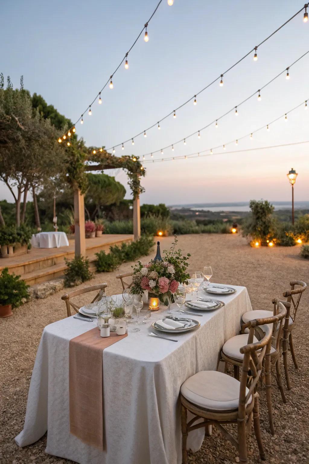 Dine in style with an outdoor dining space set on finely crushed rock.