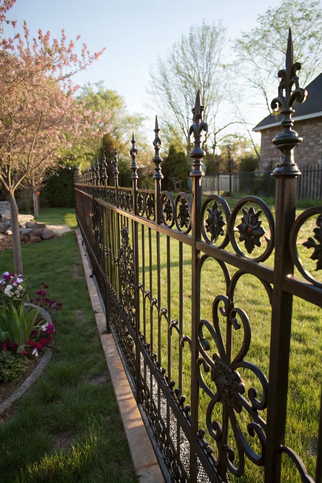Wrought elements add artistic elegance to the backyard fence.