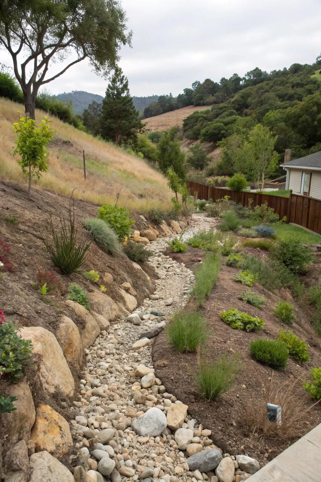 Dry creek beds offer a functional and attractive drainage solution.