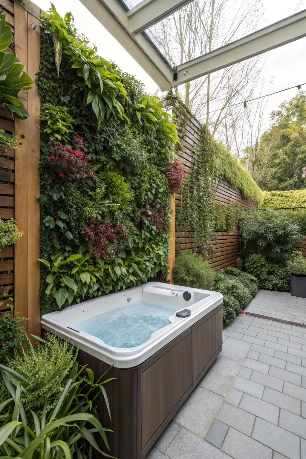 A vertical garden offers a lush, green privacy solution for your hot tub area.
