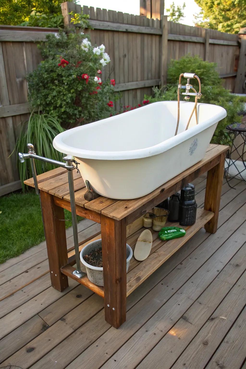 Upgrade your dog washing abilities with this fashionably converted old bathtub station.
