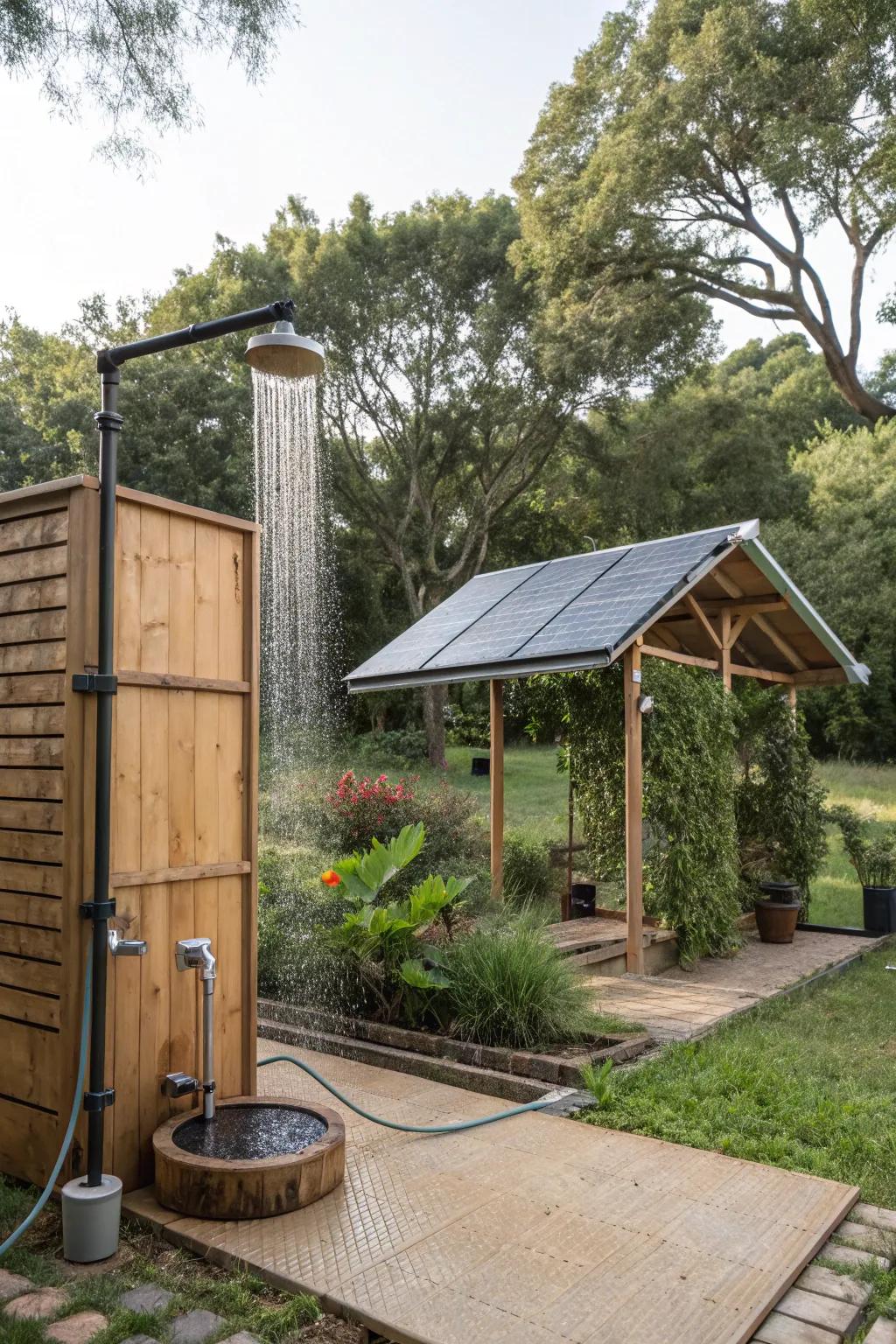 An eco-conscious outdoor shower utilizing solar energy and stormwater.