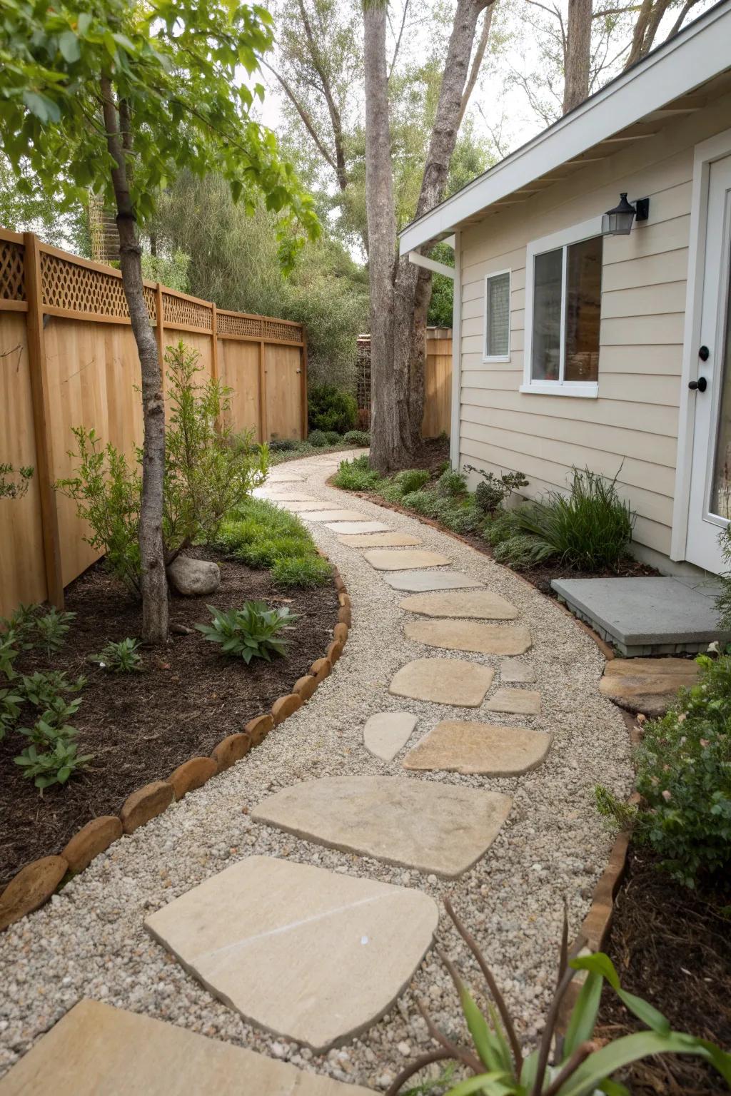 Elevate your garden's charm with a textured gravel and paver mix that blends rustic elegance with minimalist design.
