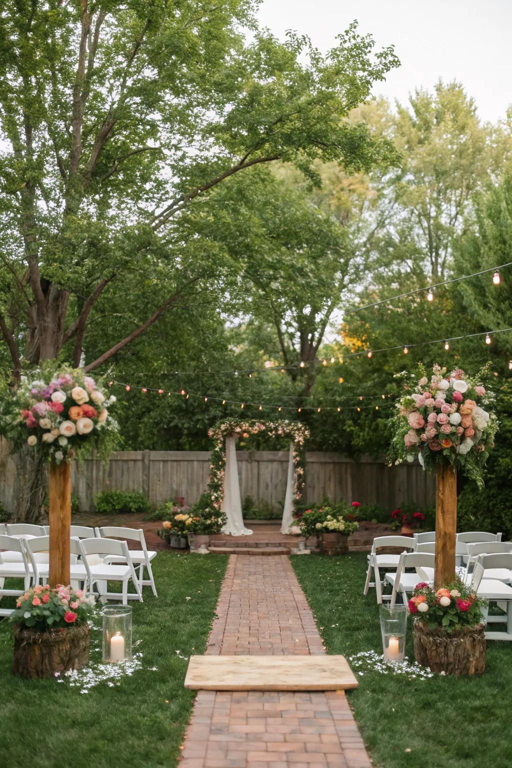 Natural themed decorations improve the natural beauty of a backyard wedding.