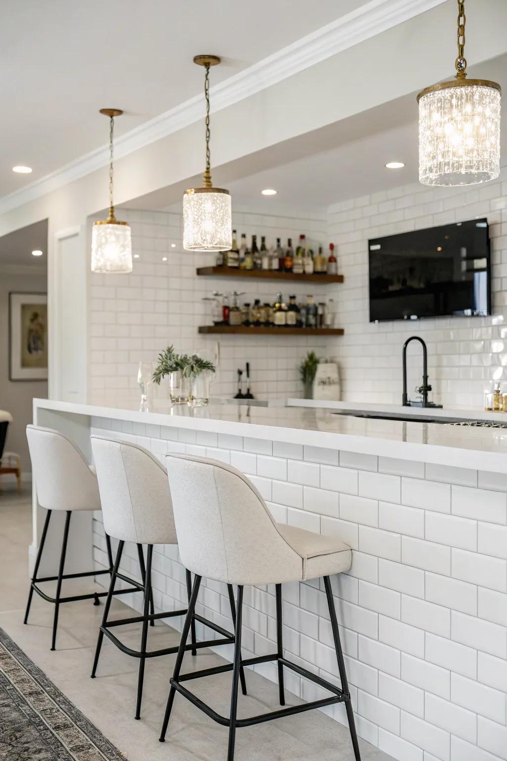 A minimalist home bar with a ivory tile backsplash and current design.