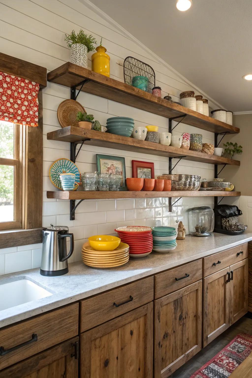 Visible shelving adds personality and keeps the space accessible.