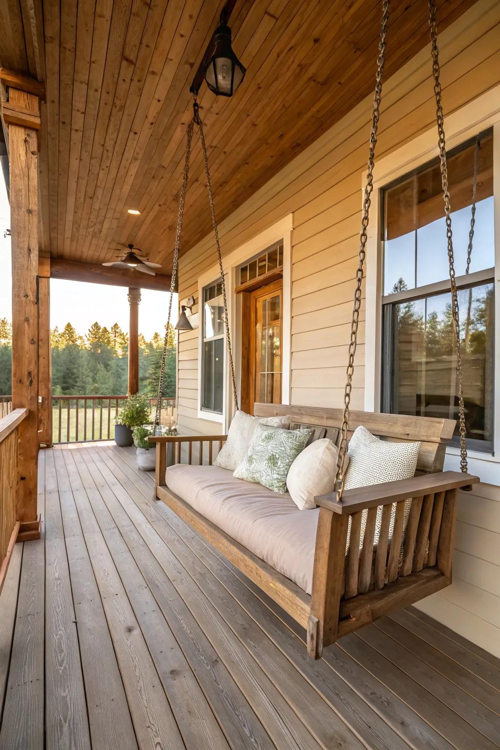 A porch swing offers a nostalgic and relaxing retreat.