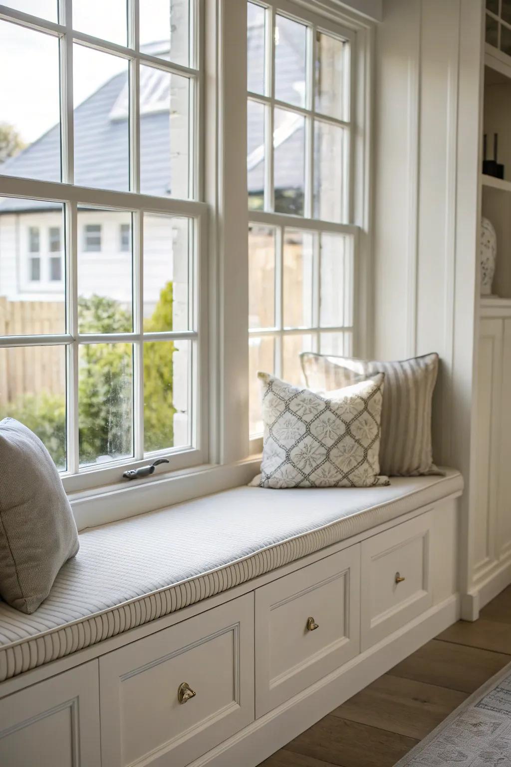 A minimalist bench offers a polished, contemporary touch to your bay window’s design.