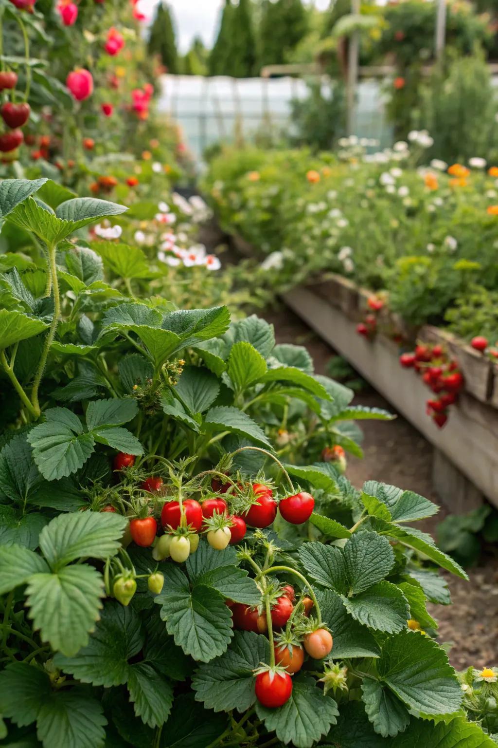 A lush garden filled with strawberries and cherry tomatoes, blending beauty with functionality.