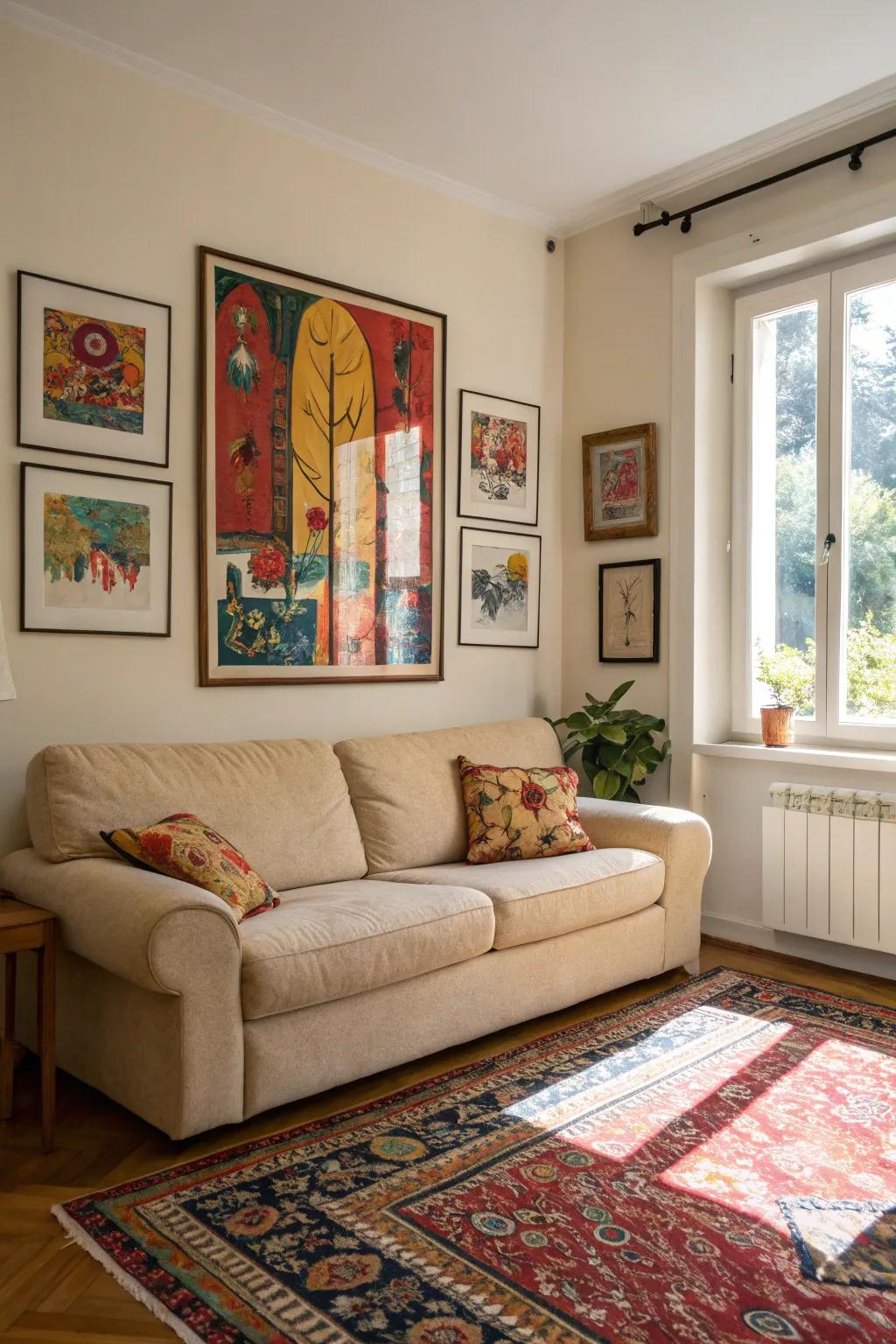 Vibrant artwork remodels a wheat-toned sofa living space into a lively area.