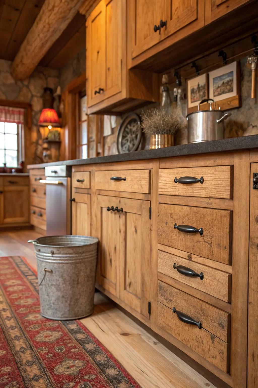 Rustic bin pulls enhance the vintage look of shaker cabinets.