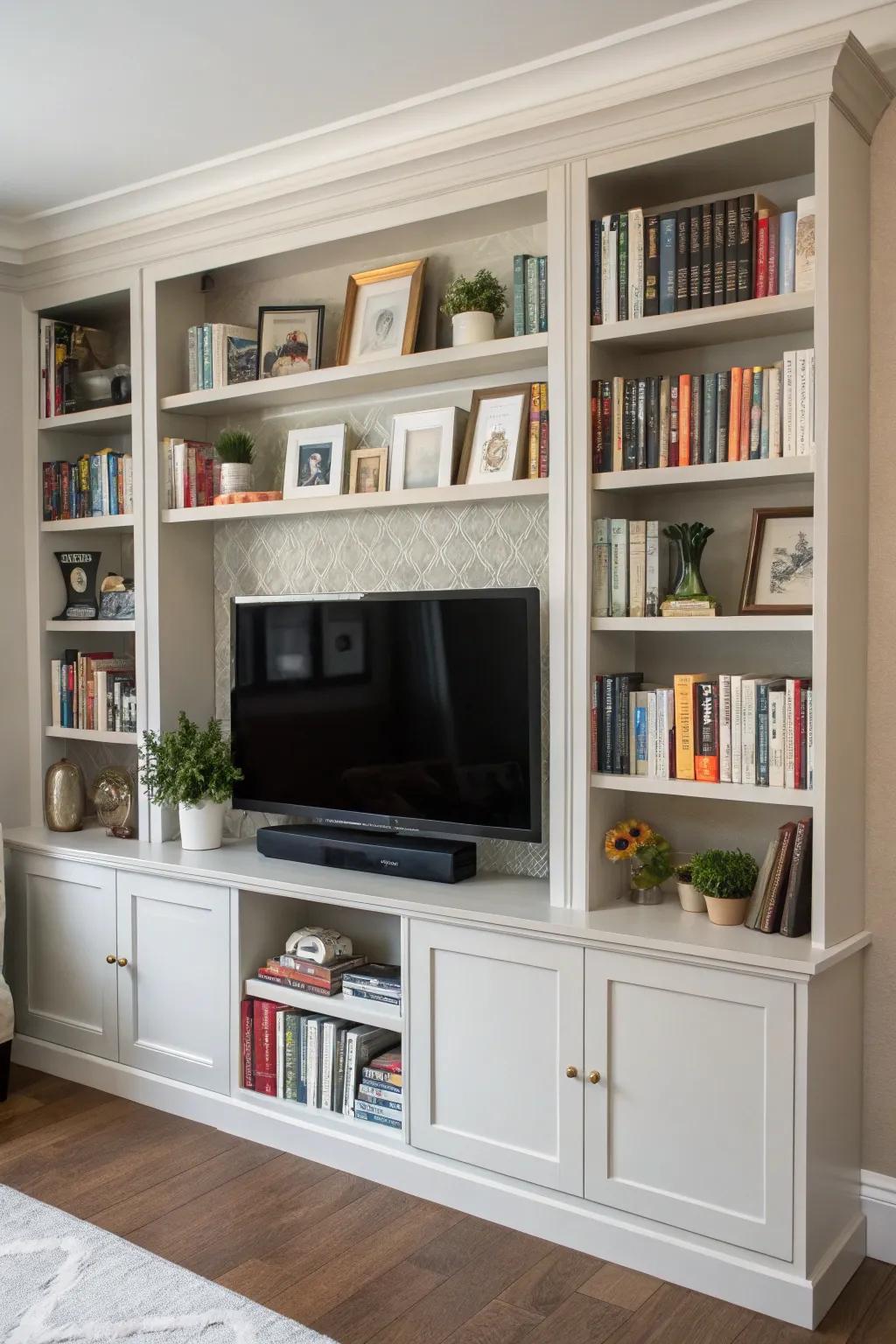 Built-in shelving offers stylish storage solutions.