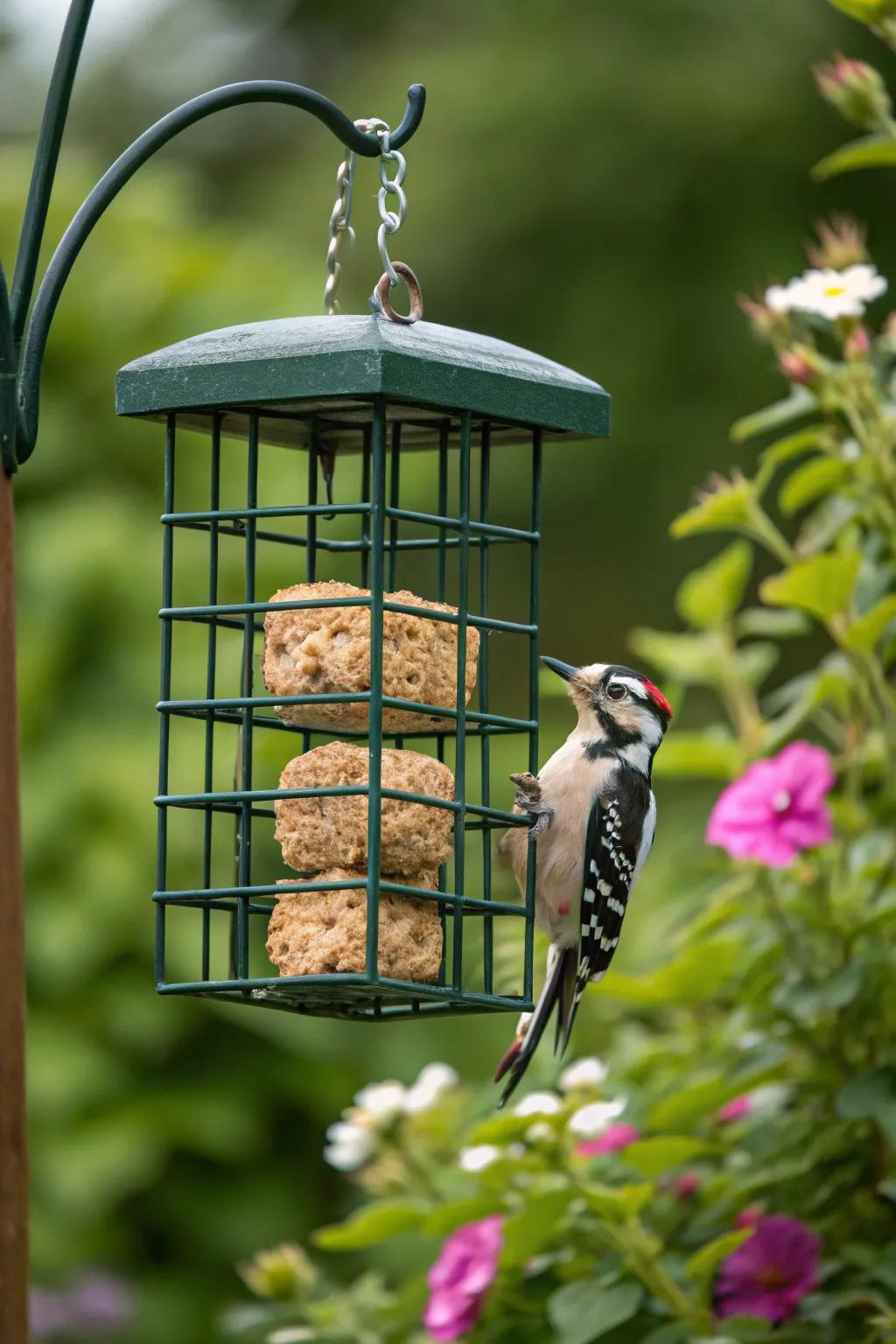 A suet cake feeder perfect for attracting woodpeckers and more.