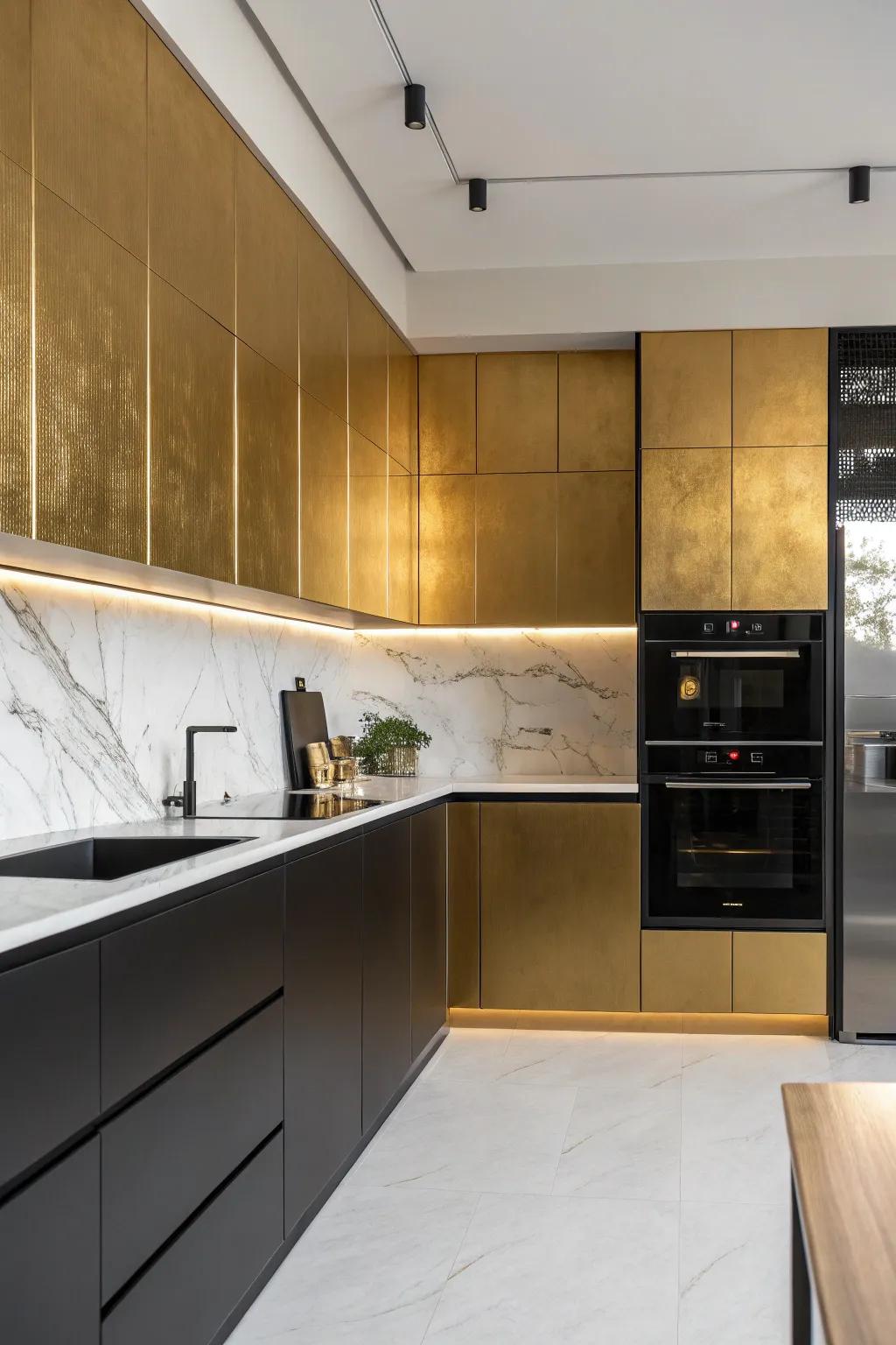 Gold splashbacks paired with black appliances create a striking look.