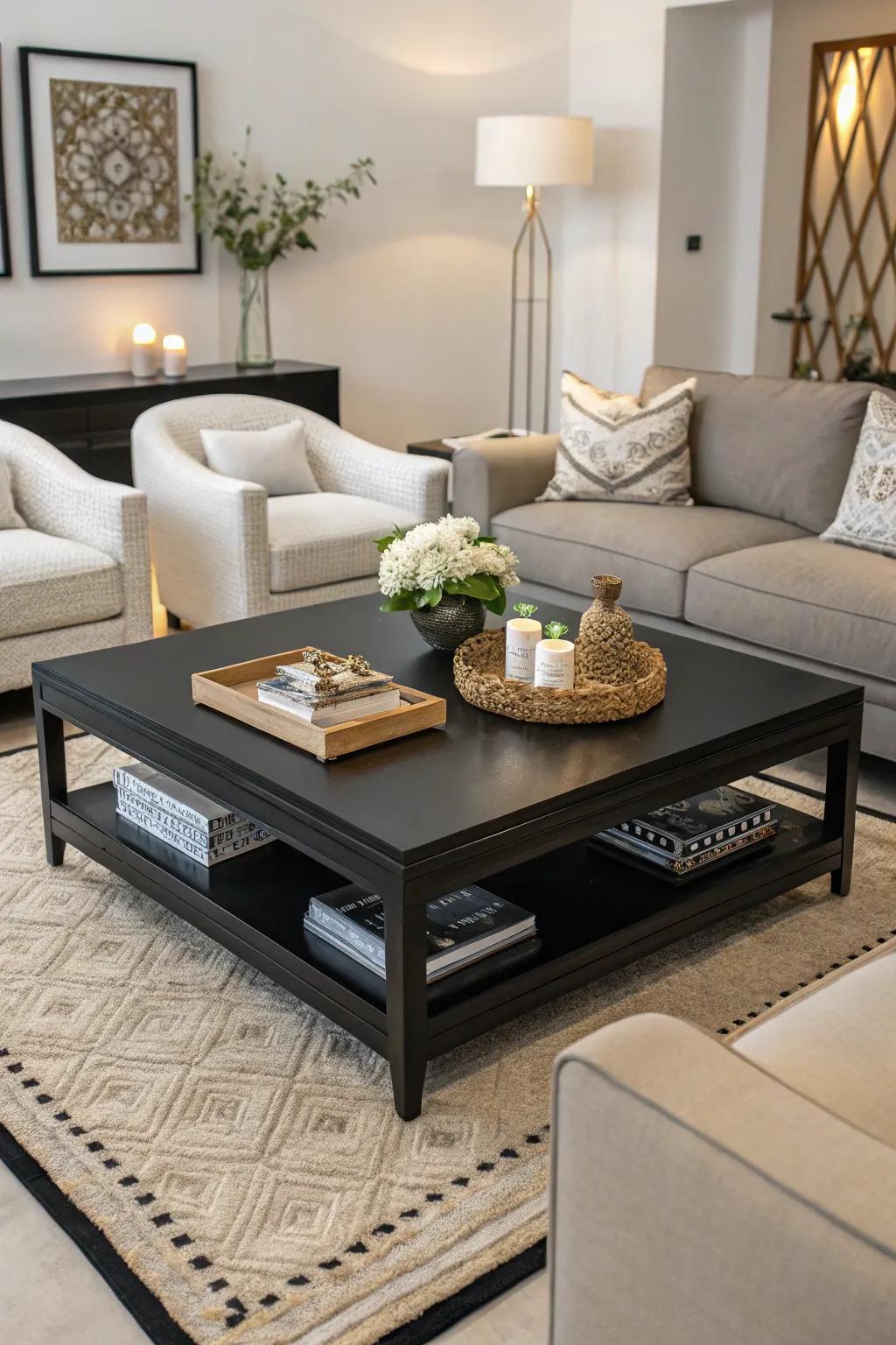 A black coffee table serves as a stylish centerpiece.
