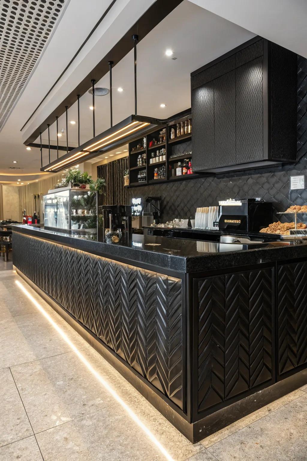 Striking contrast through a striking backsplash in a coffee station