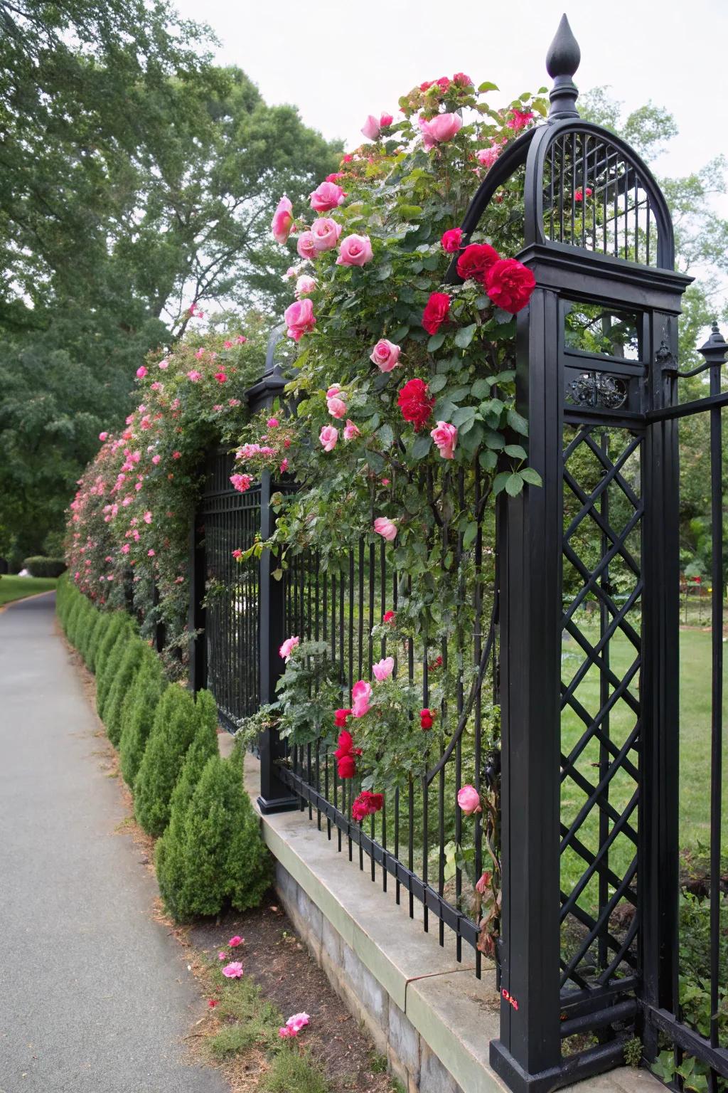 An ornamental support on a black fence supports climbing roses.
